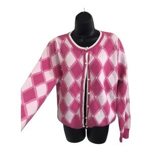 Nanette Lepore pink white diamond print long sleeve cardigan sweater size medium